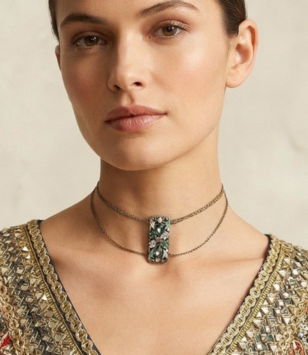 Handmade Layered Chain Choker with Upcycled Vintage Pendant